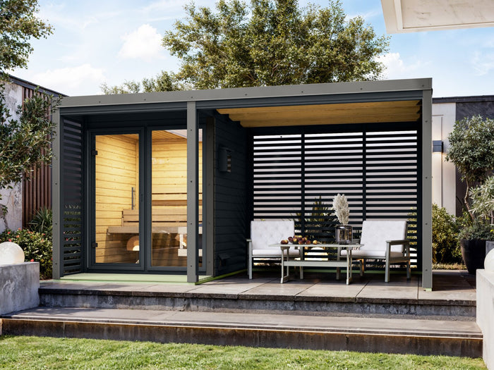 Karibu Hybrid Saunahaus Ares 1, mit Anbaudach in anthrazit/graualuminium, inkl. 9 kW Bioofen ext. Steuerung easy