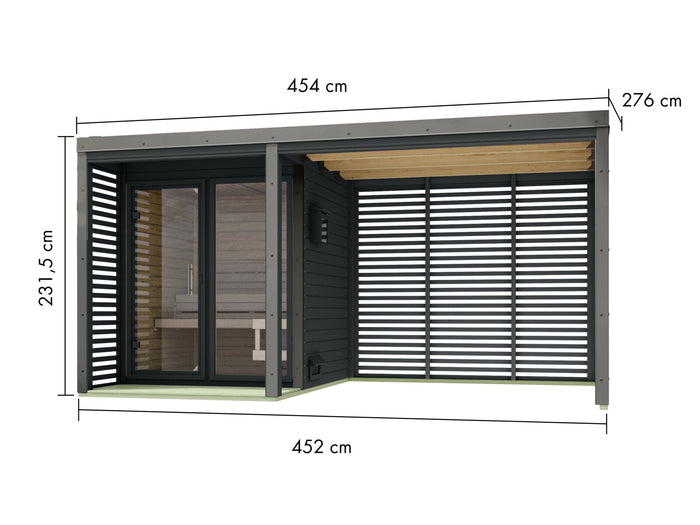 Karibu Hybrid Saunahaus Ares 1, mit Anbaudach in anthrazit/graualuminium, inkl. 9 kW Ofen ext. Steuerung Wifi HUUM