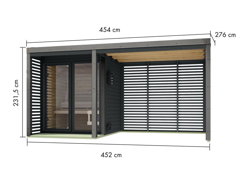 Karibu Hybrid Saunahaus Ares 1, mit Anbaudach in anthrazit/graualuminium, inkl. 9 kW Bioofen ext. Steuerung Wifi HUUM