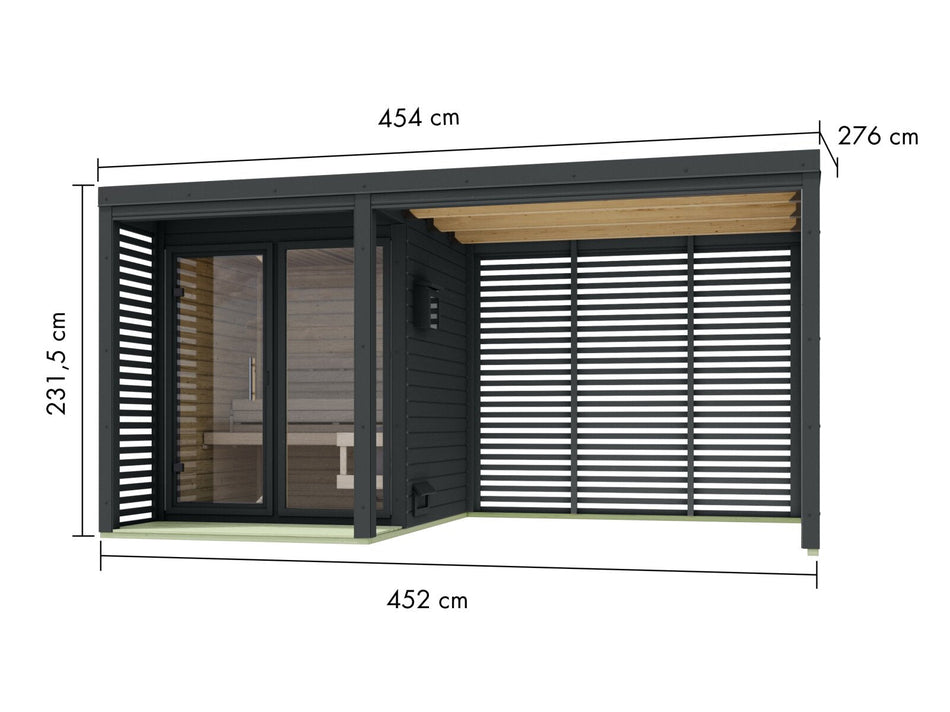 Karibu Hybrid Saunahaus Ares 1, mit Anbaudach in anthrazit/anthrazit, inkl. 9 kW Ofen ext. Steuerung easy