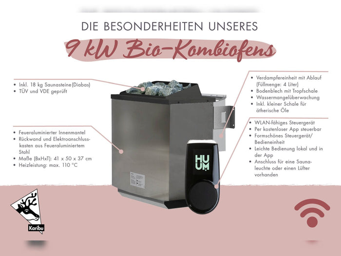 Karibu Hybrid Saunahaus Ares 1, mit Anbaudach in anthrazit/anthrazit, inkl. 9 kW Bioofen ext. Steuerung Wifi HUUM