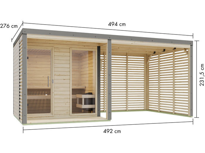 Karibu Hybrid Saunahaus Ares 2, inkl. Anbaudach in naturbelassen/graualuminium -ohne Ofen-