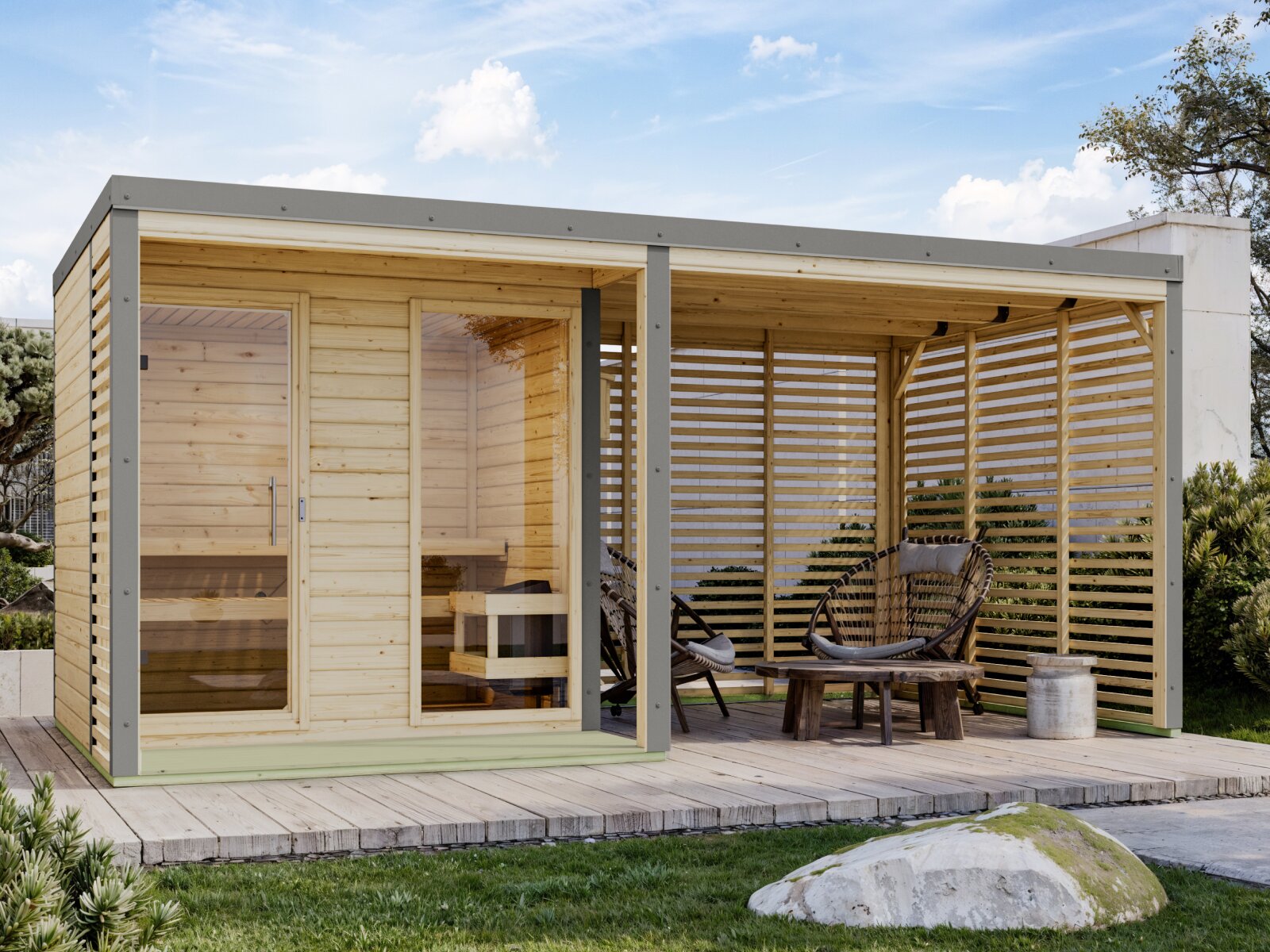 Karibu Hybrid Saunahaus Ares 2, inkl. Anbaudach in naturbelassen/graualuminium, inkl. 9 kW Bioofen ext. Steuerung easy