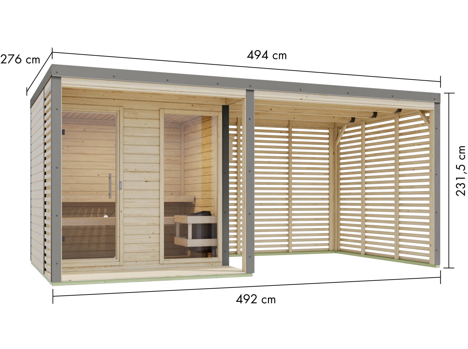 Karibu Hybrid Saunahaus Ares 2, inkl. Anbaudach in naturbelassen/graualuminium, inkl. 9 kW Bioofen ext. Steuerung easy