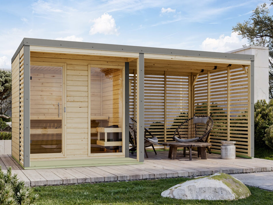 Karibu Hybrid Saunahaus Ares 2, inkl. Anbaudach in naturbelassen/graualuminium, inkl. 9 kW Ofen ext. Steuerung Wifi HUUM