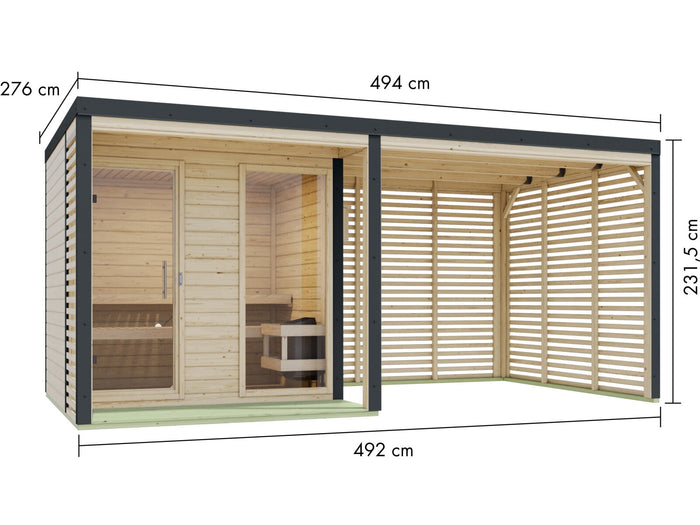 Karibu Hybrid Saunahaus Ares 2, inkl. Anbaudach in naturbelassen/anthrazit -ohne Ofen-