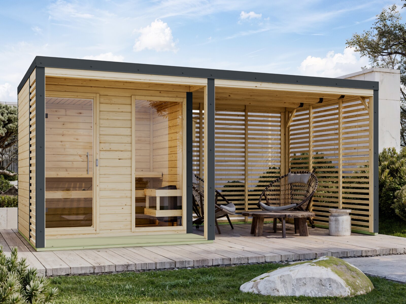 Karibu Hybrid Saunahaus Ares 2, inkl. Anbaudach in naturbelassen/anthrazit, inkl. 9 kW Bioofen ext. Steuerung easy