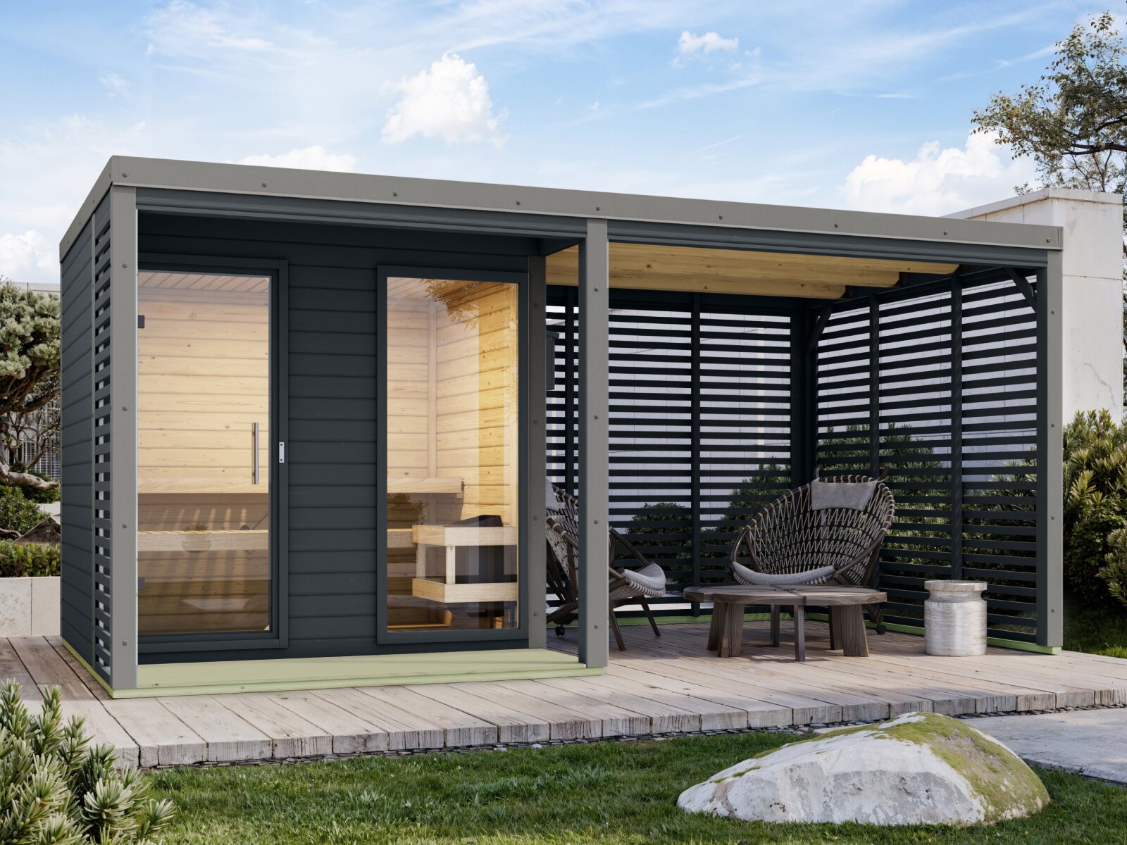Karibu Hybrid Saunahaus Ares 2, inkl. Anbaudach in anthrazit/graualuminium, inkl. 9 kW Ofen ext. Steuerung easy
