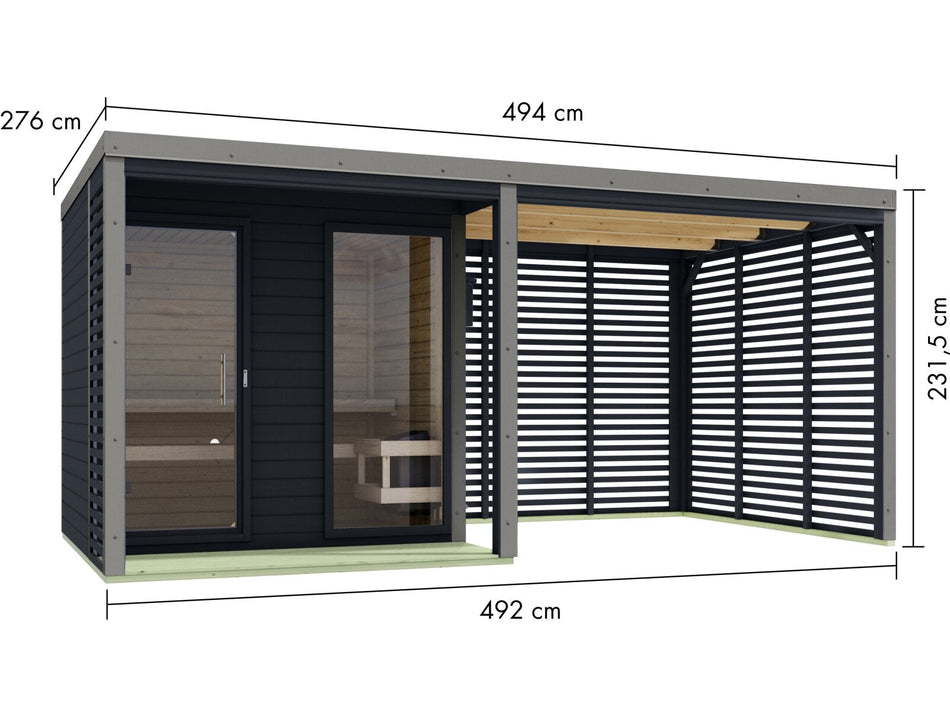 Karibu Hybrid Saunahaus Ares 2, inkl. Anbaudach in anthrazit/graualuminium, inkl. 9 kW Bioofen ext. Steuerung easy