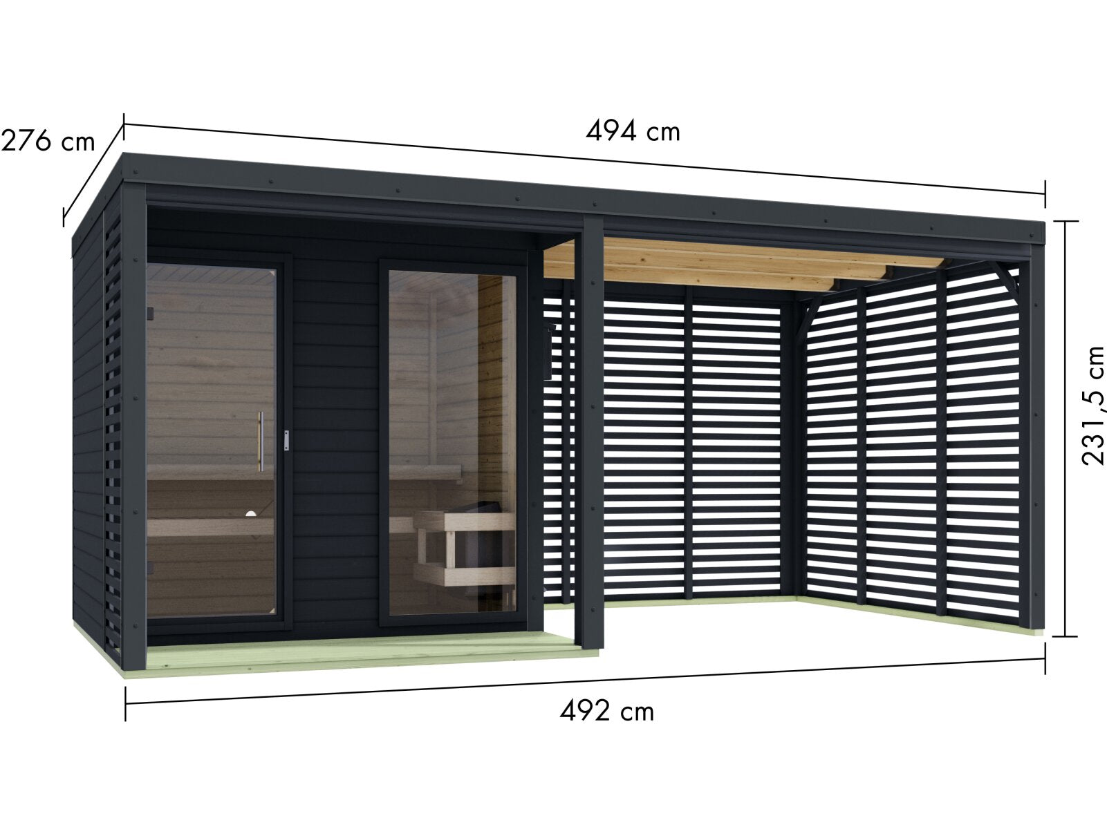 Karibu Hybrid Saunahaus Ares 2, inkl. Anbaudach in anthrazit/anthrazit, inkl. 9 kW Bioofen ext. Steuerung easy
