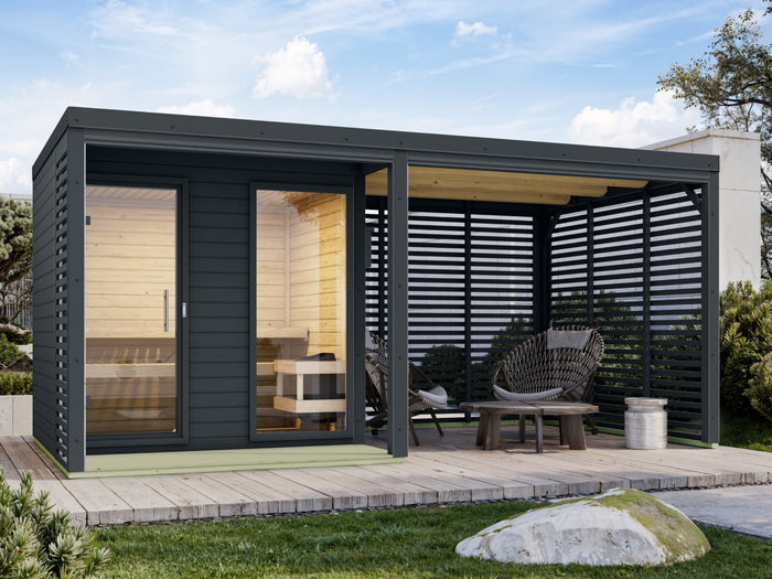 Karibu Hybrid Saunahaus Ares 2, inkl. Anbaudach in anthrazit/anthrazit, inkl. 9 kW Bioofen ext. Steuerung Wifi HUUM