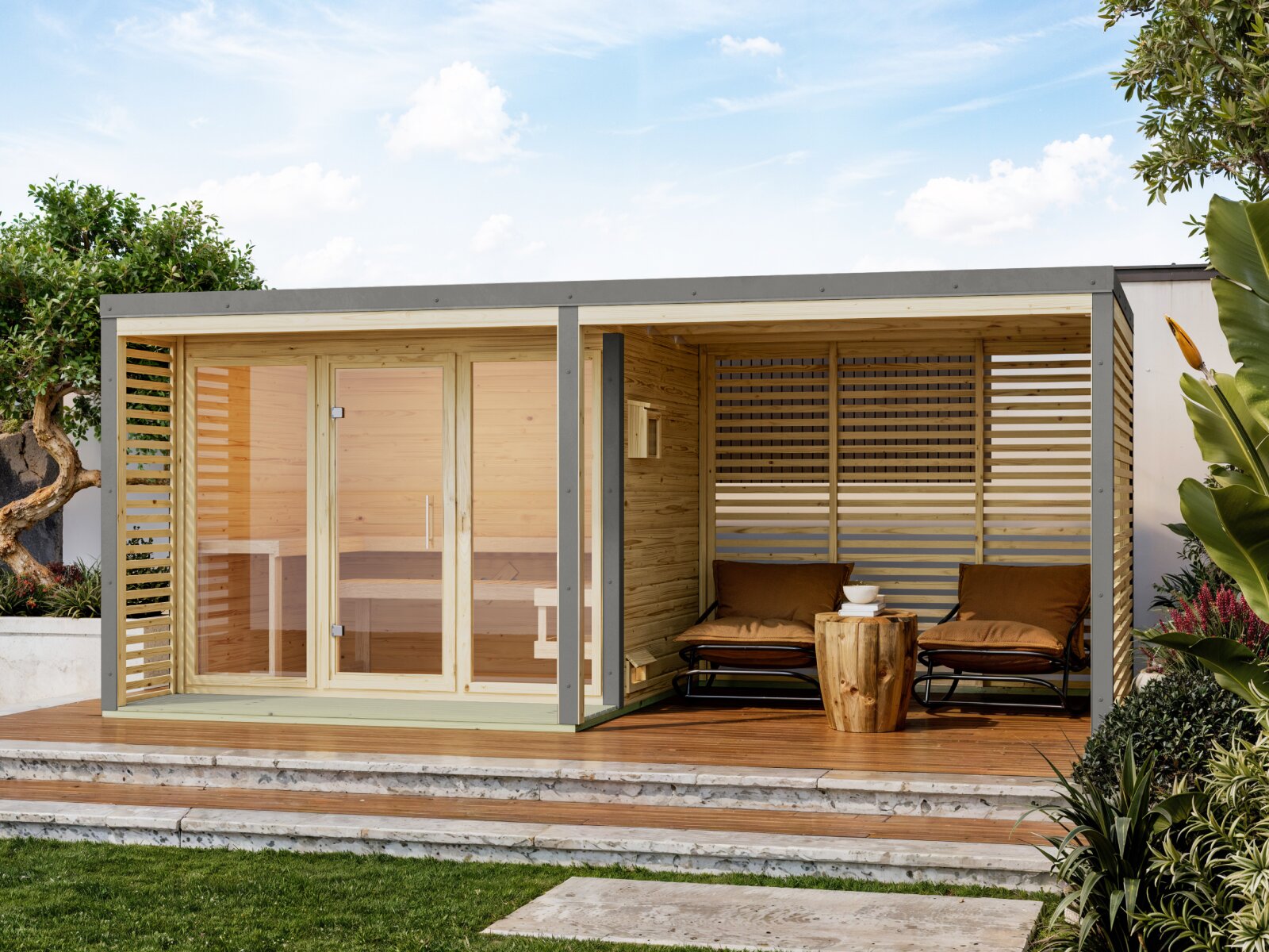 Karibu Hybrid Saunahaus Ares 3, inkl. Anbaudach in naturbelassen/graualuminium, inkl. 9 kW Bioofen ext. Steuerung easy