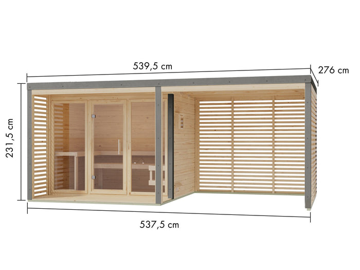 Karibu Hybrid Saunahaus Ares 3, inkl. Anbaudach in naturbelassen/graualuminium, inkl. 9 kW Bioofen ext. Steuerung easy