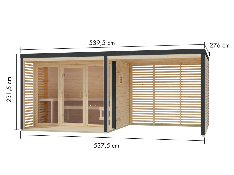 Karibu Hybrid Saunahaus Ares 3, inkl. Anbaudach in naturbelassen/anthrazit, inkl. 9 kW Bioofen ext. Steuerung easy