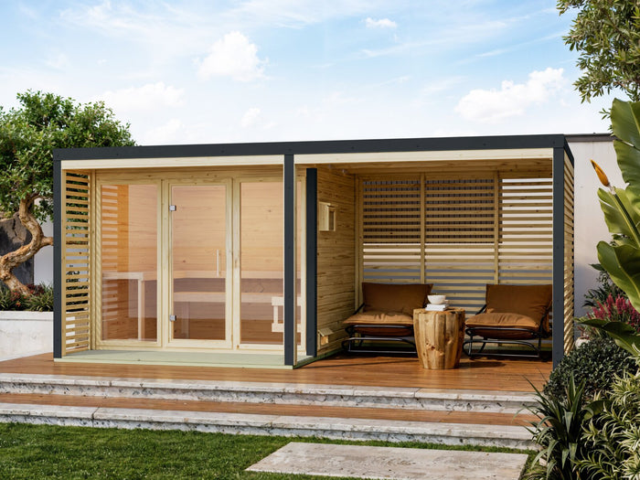 Karibu Hybrid Saunahaus Ares 3, inkl. Anbaudach in naturbelassen/anthrazit, inkl. 9 kW Bioofen ext. Steuerung Wifi HUUM