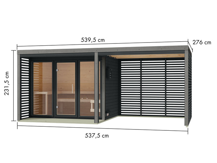 Karibu Hybrid Saunahaus Ares 3, inkl. Anbaudach in anthrazit/graualuminium, inkl. 9 kW Ofen ext. Steuerung easy