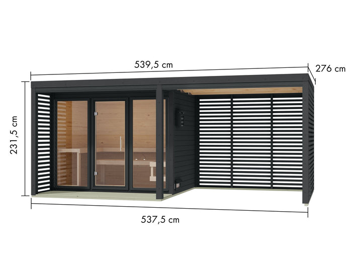 Karibu Hybrid Saunahaus Ares 3, inkl. Anbaudach in anthrazit/anthrazit, inkl. 9 kW Ofen ext. Steuerung Wifi HUUM