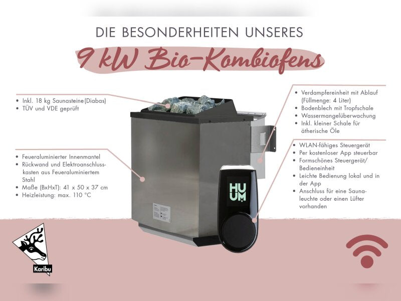 Karibu Saunahaus Skrollan 1 38 mm- 9 kW Bioofen ext. Steuerung HUUM- Moderne Tür, Terragrau