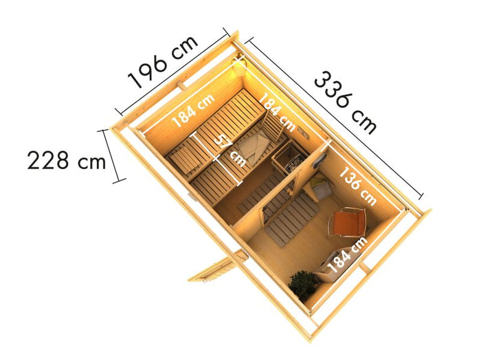 Karibu Saunahaus Skrollan 1 38 mm- 9 kW Ofen ext. Steuerung HUUM- Klassische Tür, Terragrau