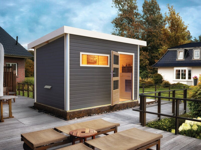Karibu Saunahaus Skrollan 2, inkl.  9 kW Ofen ext. Steuerung HUUM, Moderne Tür, Terragrau