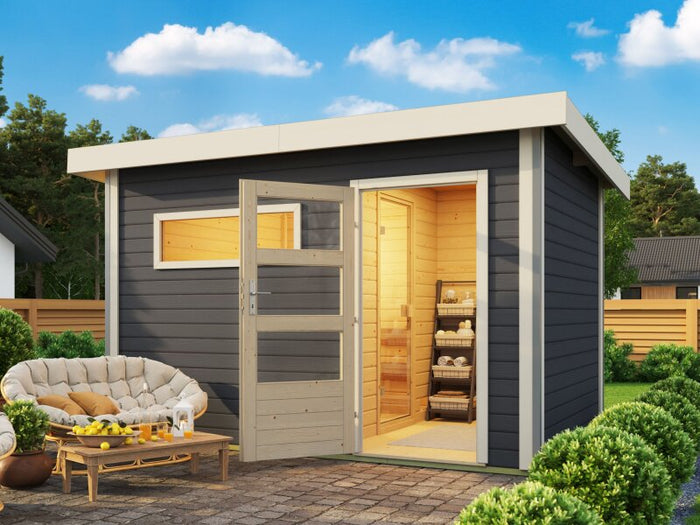 Karibu Saunahaus Skrollan 2, inkl.  9 kW Bioofen ext. Steuerung HUUM, Moderne Tür, Terragrau