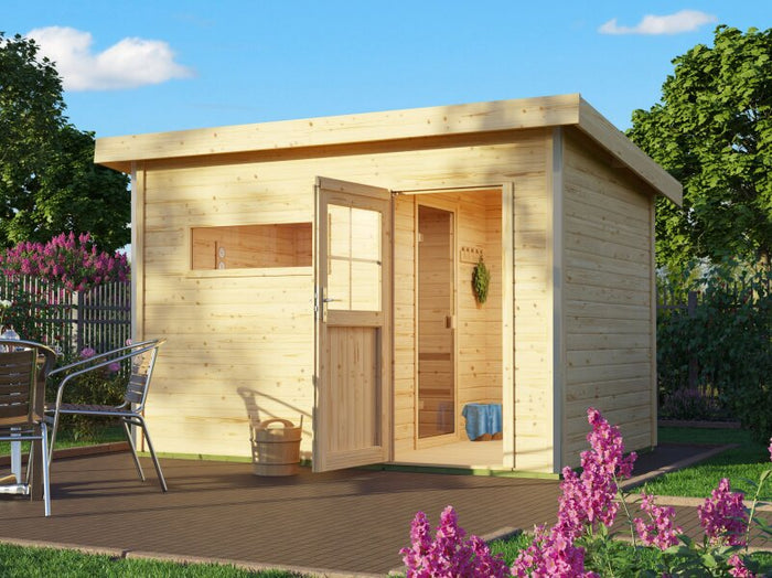 Karibu Saunahaus Skrollan 2, inkl. 9 kW Ofen ext. Steuerung HUUM - Klassische Tür