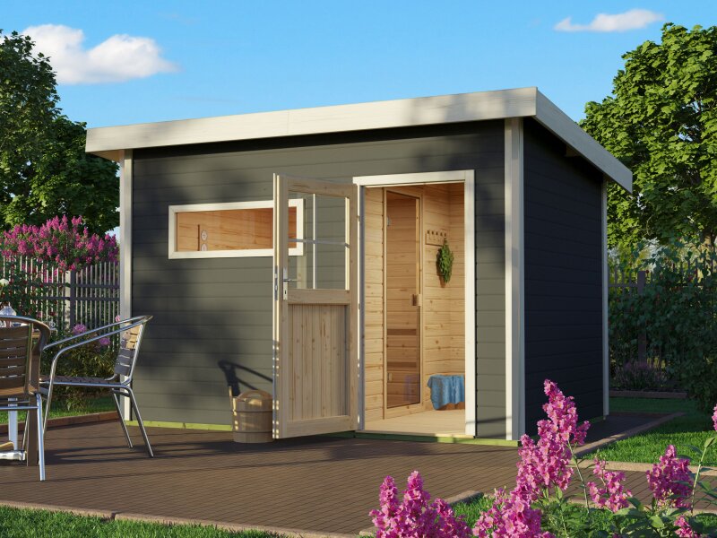 Karibu Saunahaus Skrollan 2, inkl. 9 kW Ofen ext. Steuerung HUUM - Klassische Tür, Terragrau