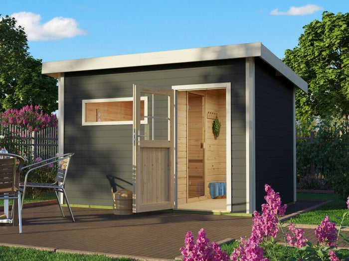 Karibu Saunahaus Skrollan 2, inkl. 9 kW Ofen ext. Steuerung HUUM - Klassische Tür, Terragrau