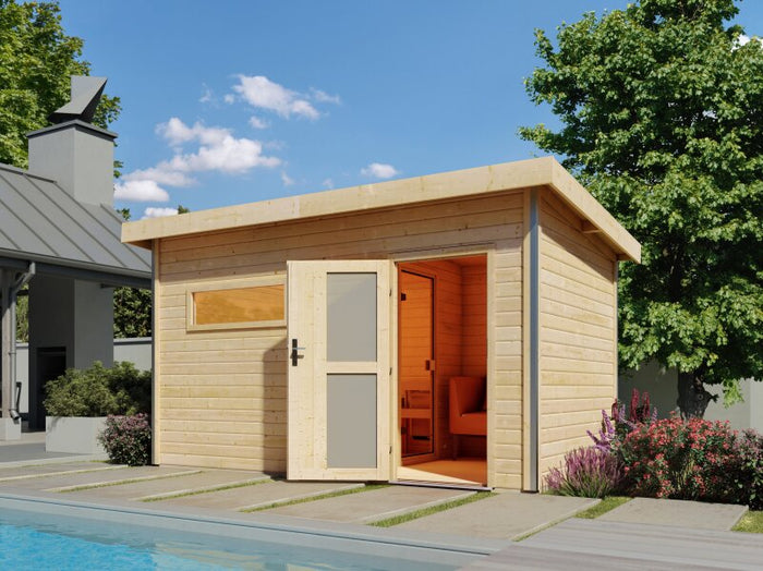 Karibu Saunahaus Skrollan 3, inkl. 9 kW Ofen ext. Steuerung HUUM - Milchglastür