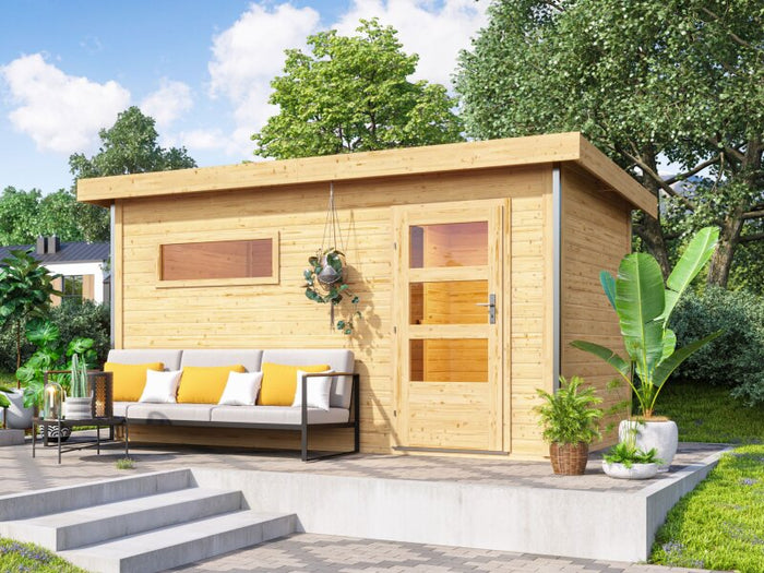 Karibu Saunahaus Skrollan 3, inkl. 9 kW Ofen ext. Steuerung HUUM - Moderne Tür