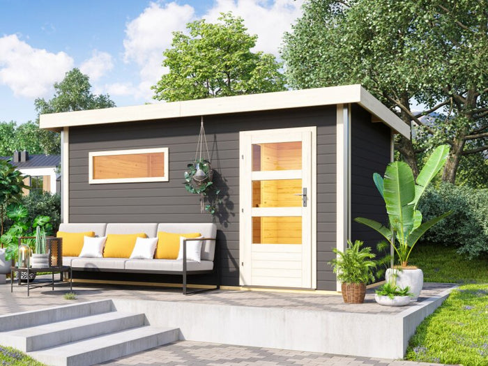 Karibu Saunahaus Skrollan 3, inkl. 9 kW Ofen ext. Steuerung HUUM - Moderne Tür, Terragrau