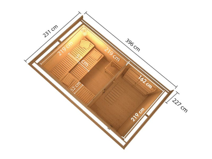 Karibu Saunahaus Skrollan 3, inkl. 9 kW Ofen ext. Steuerung HUUM - Moderne Tür, Terragrau