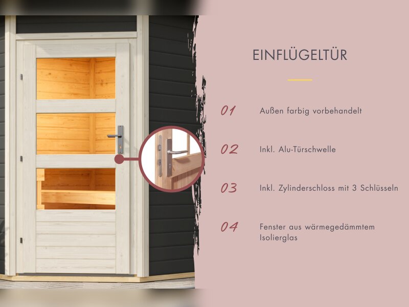 Karibu Saunahaus Skrollan 3, inkl. 9 kW Bioofen ext. Steuerung HUUM - Moderne Tür, Terragrau