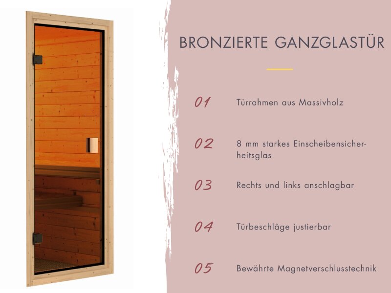 Karibu Saunahaus Skrollan 3, inkl. 9 kW Ofen ext. Steuerung HUUM - Klassische Tür