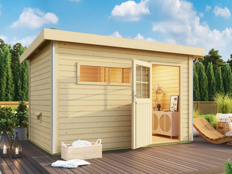 Karibu Saunahaus Skrollan 3, inkl. 9 kW Ofen ext. Steuerung HUUM - Klassische Tür