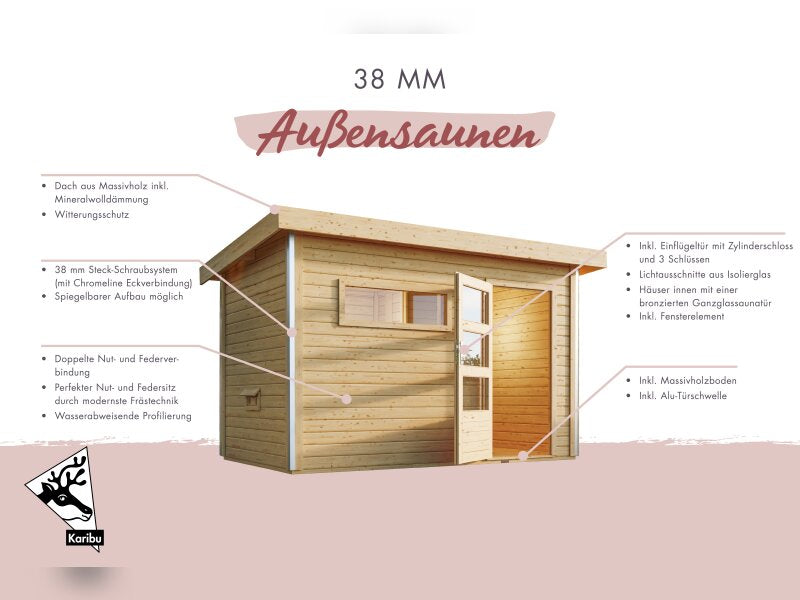 Karibu Saunahaus Skrollan 3, inkl. 9 kW Bioofen ext. Steuerung HUUM - Klassische Tür