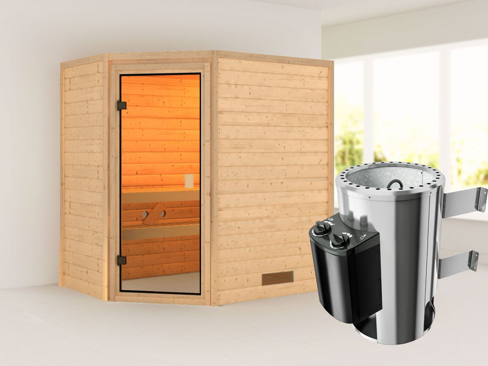 Karibu Sauna Jella mit 3,6 kW Ofen integr. Strg 38 mm