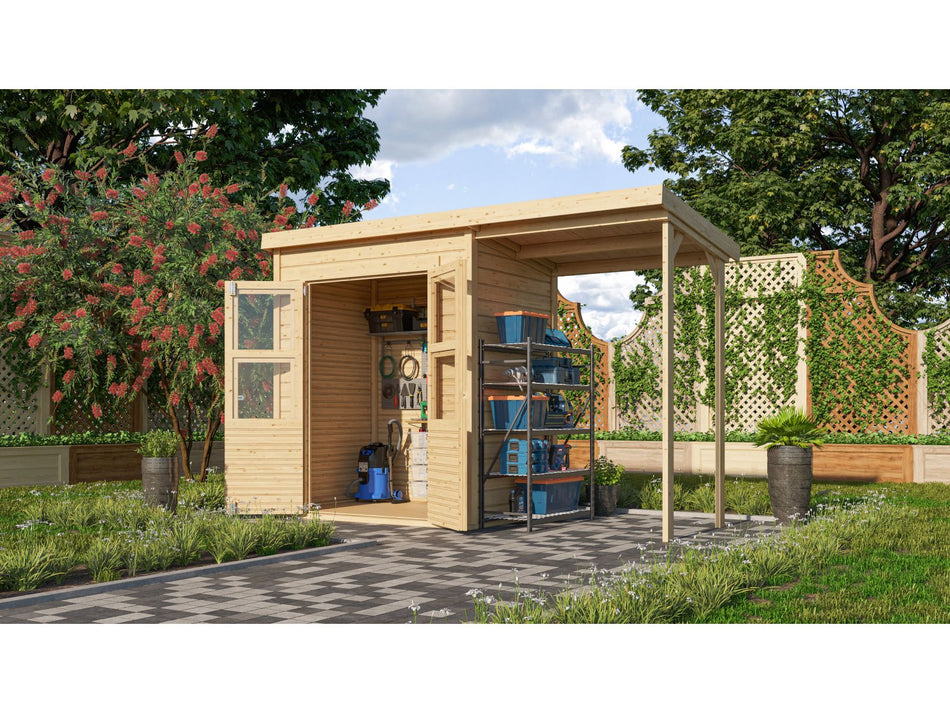 Karibu Gerätehaus Merseburg 2 SET mit Anbaudach