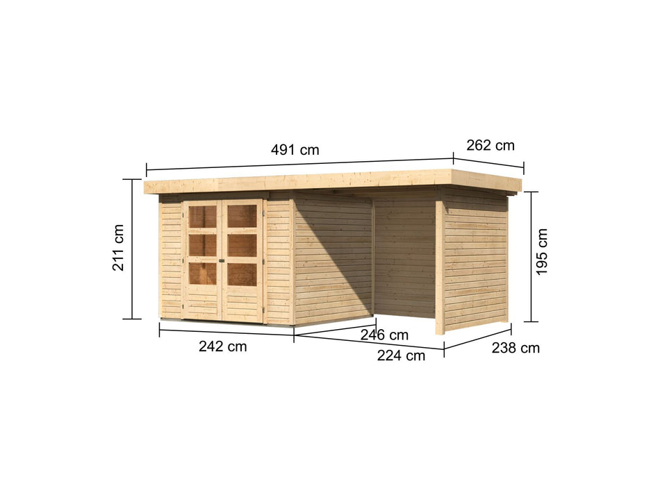 Karibu Gartenhaus Askola 3,5 mit Anbaudach 2,25 Meter, Seiten- und Rückwand