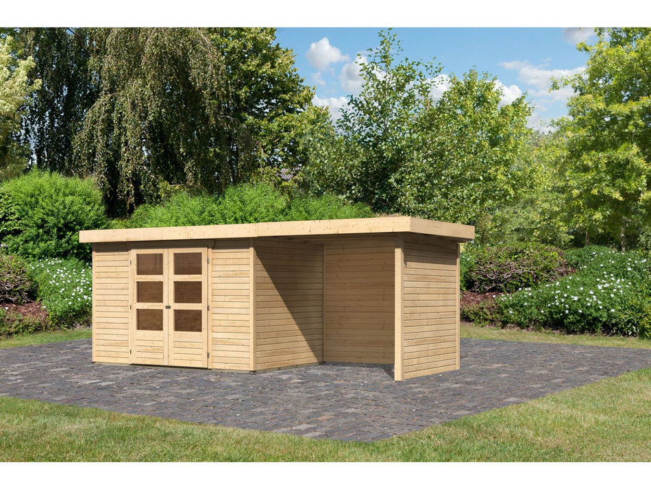 Karibu Gartenhaus Askola 4 mit Anbaudach 2,25 Meter, Seiten- und Rückwand