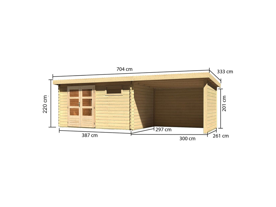 Karibu Gartenhaus Bastrup 8 mit Anbaudach 3 Meter, Rück- und Seitenwand