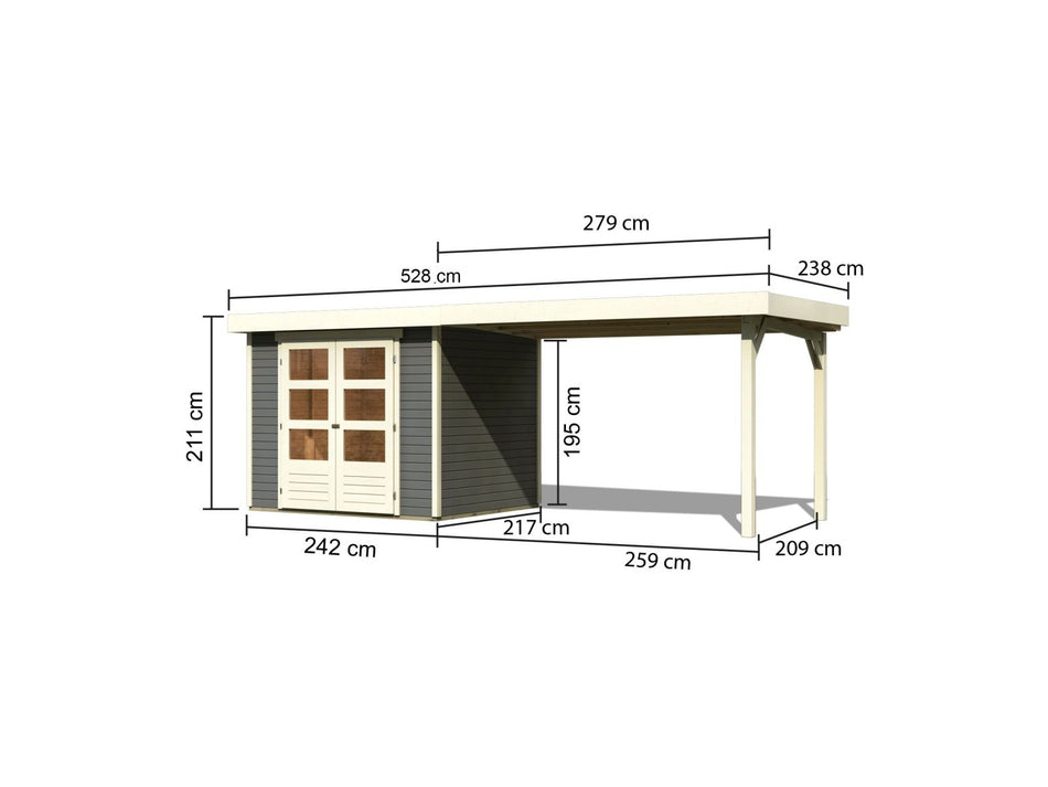 Karibu Gartenhaus Askola 3 in terragrau mit Anbaudach 2,80 Meter