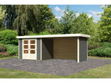 Karibu Gartenhaus Askola 3 in terragrau mit Anbaudach 2,80 Meter, Seiten- und Rückwand