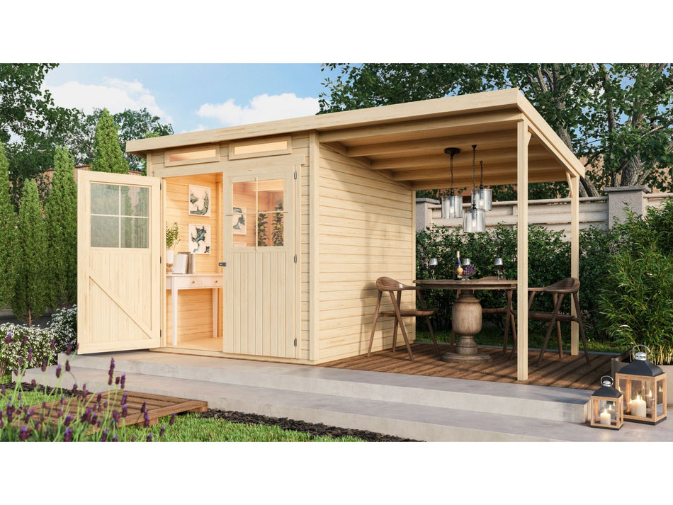 Karibu Gartenhaus Glücksburg 3 natur mit Anbaudach 1,90 Meter