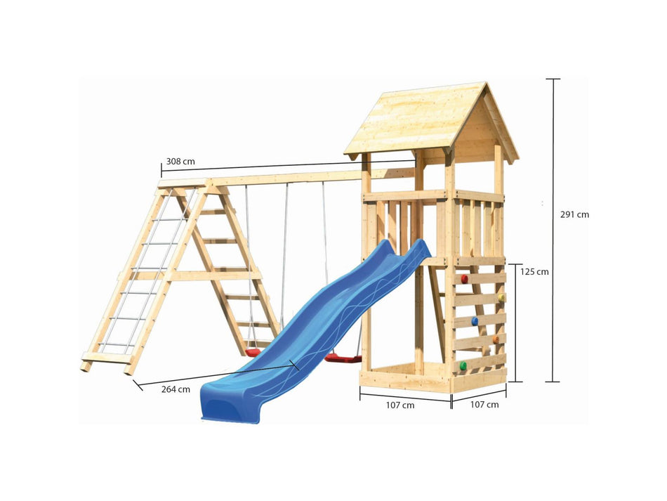 Karibu Spielturm Lotti- Doppelschaukel mit Klettergerüst, Kletterwand und Rutsche in blau