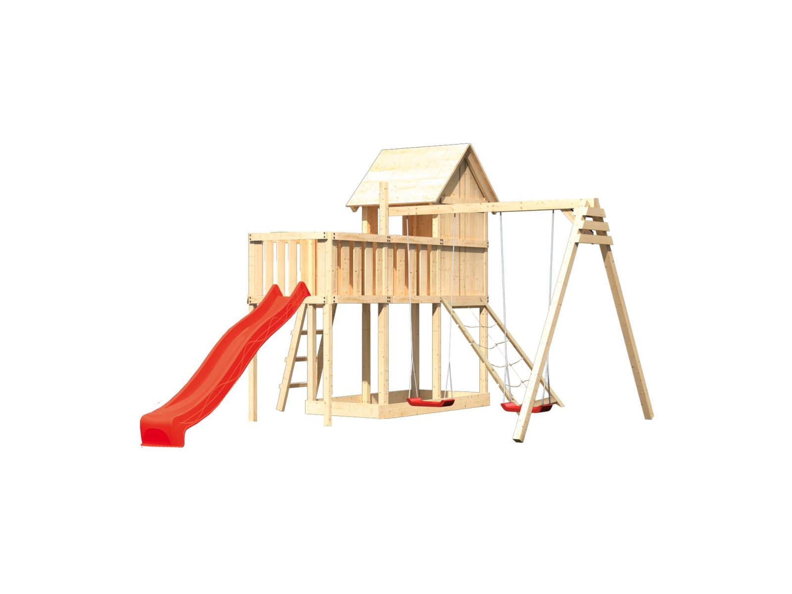 Karibu Stelzenhaus Frieda + Rutsche rot + Doppelschaukel + Anbauplattform + Netzrampe