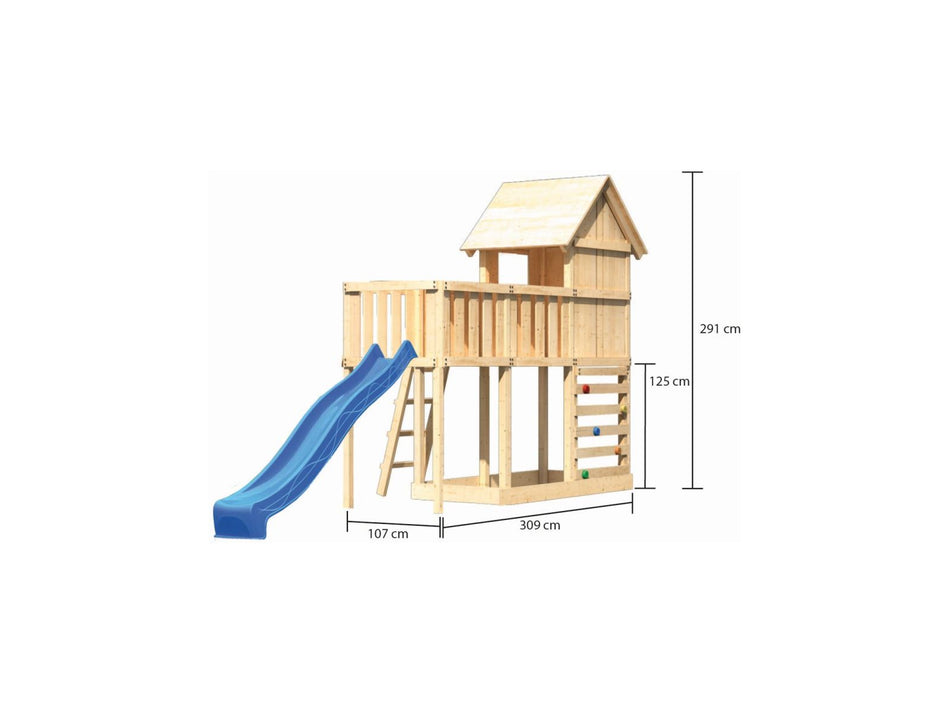 Karibu Stelzenhaus Frieda + Rutsche blau + Anbauplattform + Kletterwand