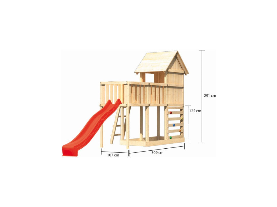 Karibu Stelzenhaus Frieda + Rutsche rot + Anbauplattform + Kletterwand