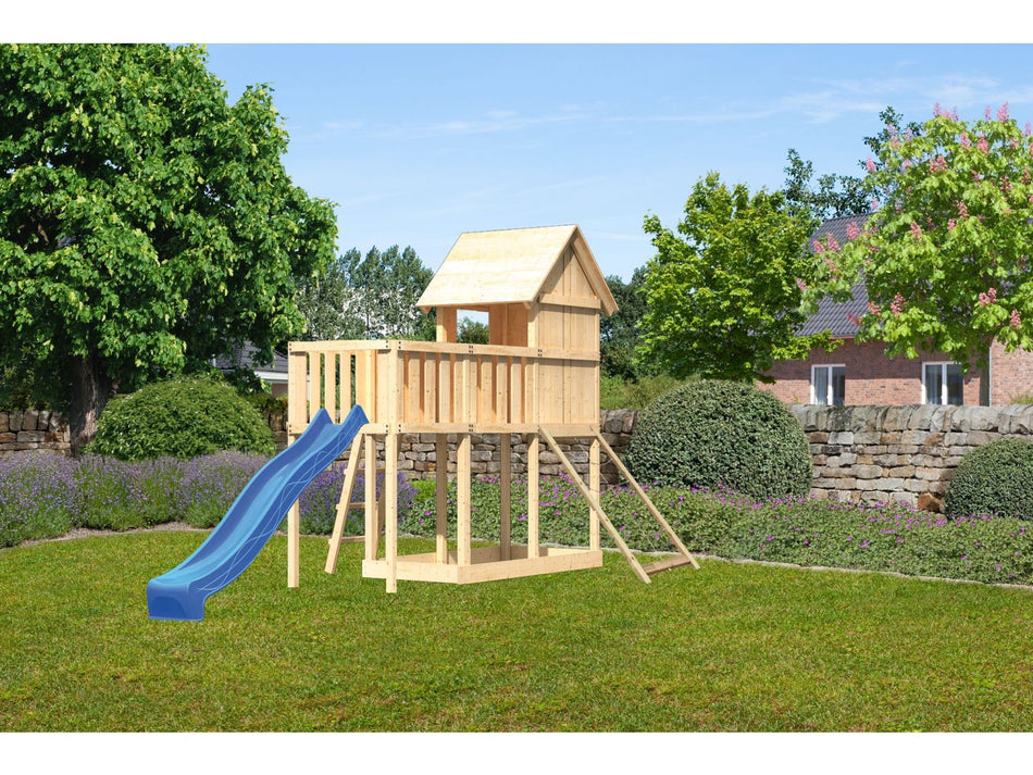 Karibu Stelzenhaus Frieda + Rutsche blau + Anbauplattform + Netzrampe