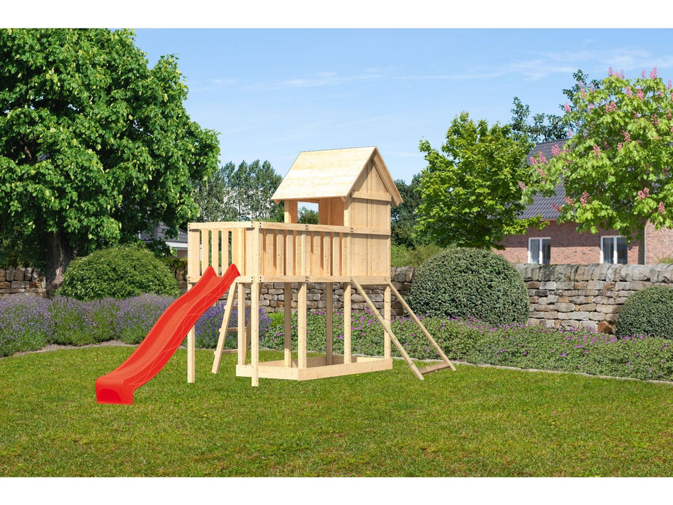 Karibu Stelzenhaus Frieda + Rutsche rot + Anbauplattform + Netzrampe